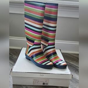 COACH PAMMIE ICONIC V STRIPE MULTI COLORED RUBBER RAIN BOOTS 7M